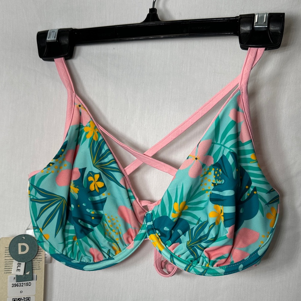 Body Glove Pink, Blue Floral Bikini Top Reversible to Pink Textured Fabric D cup